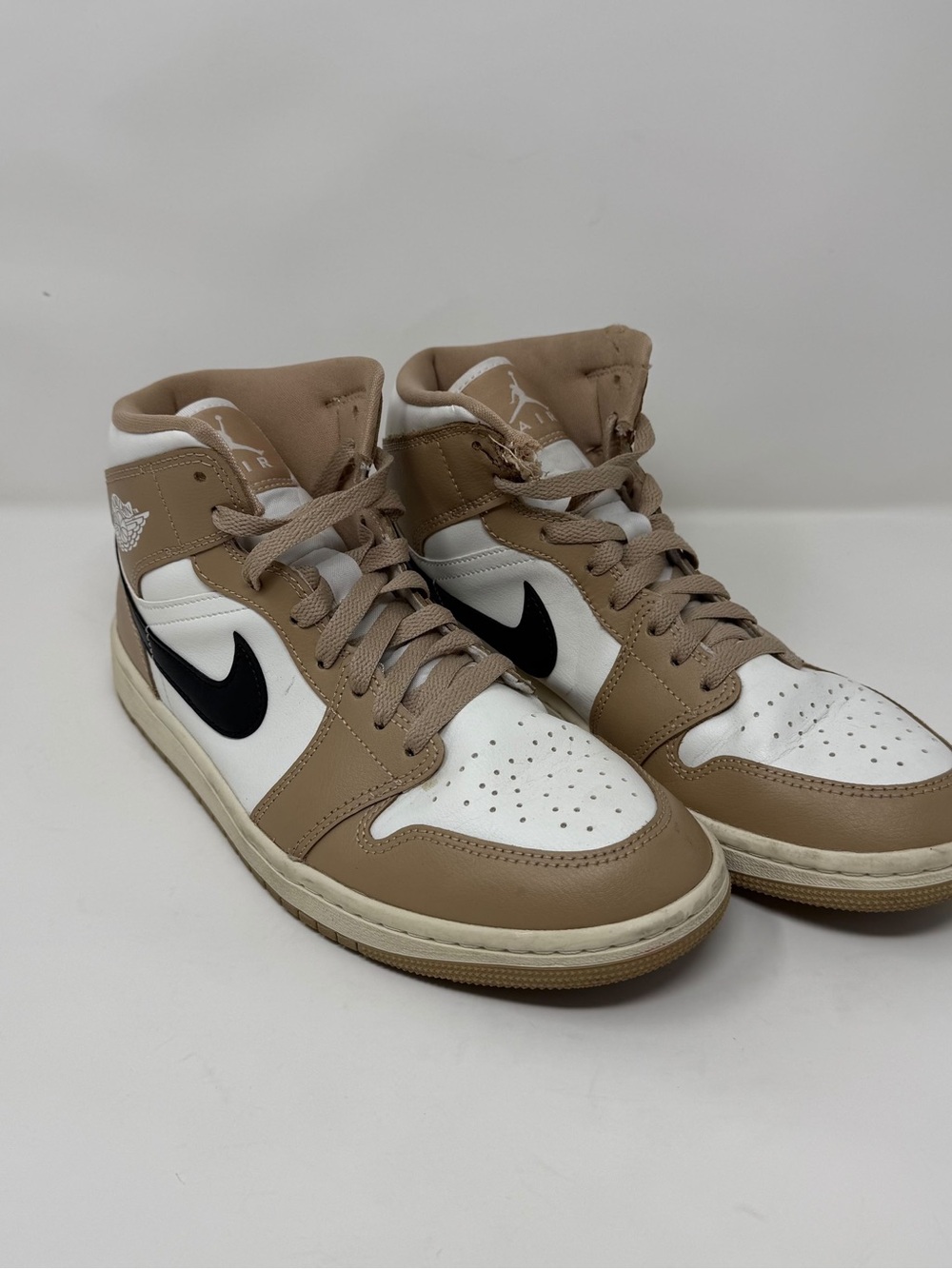 Jordan Mid Sneakers in White, Tan & Black